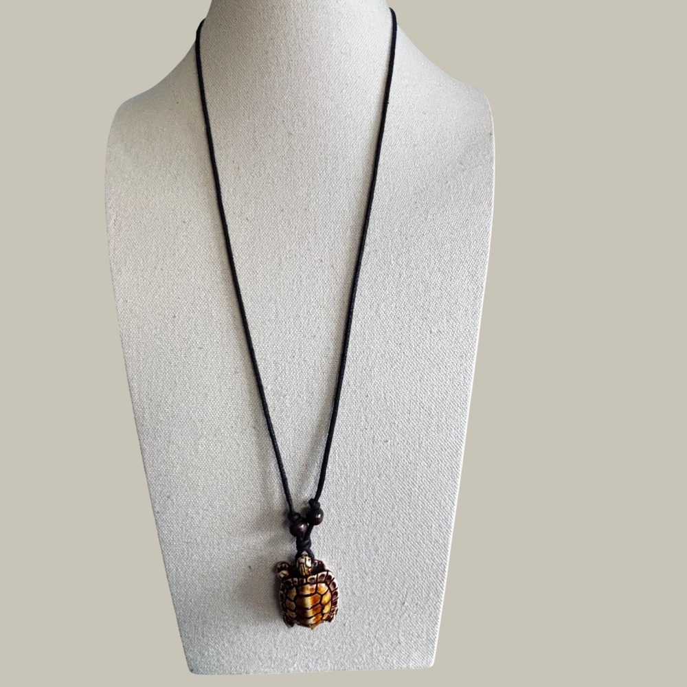 Faux Bone Turtle Pendant Adjustable Black Cord Necklace Brown Bead